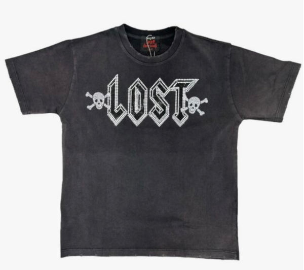 LOST INTRICACY Engraved Rhinestone T-Shirt Black