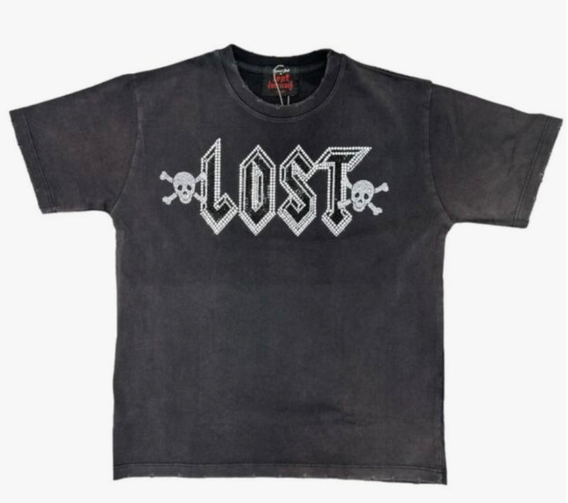LOST INTRICACY Engraved Rhinestone T-Shirt Black