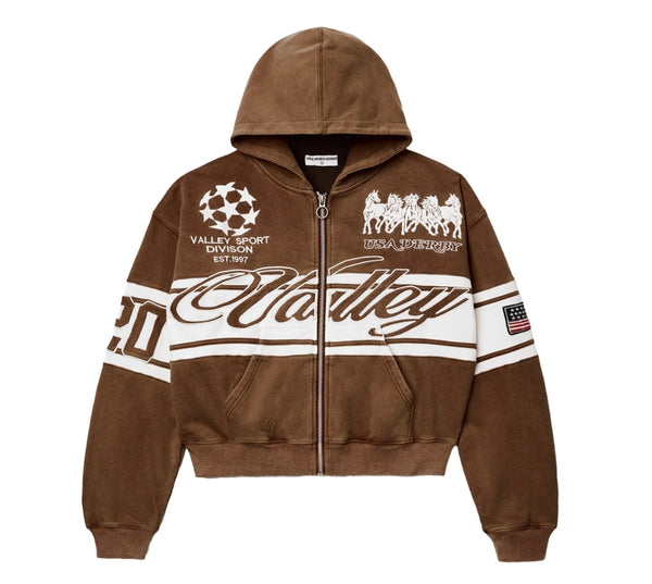 Vale Forever Brown Zip Up Cursive Hoodie